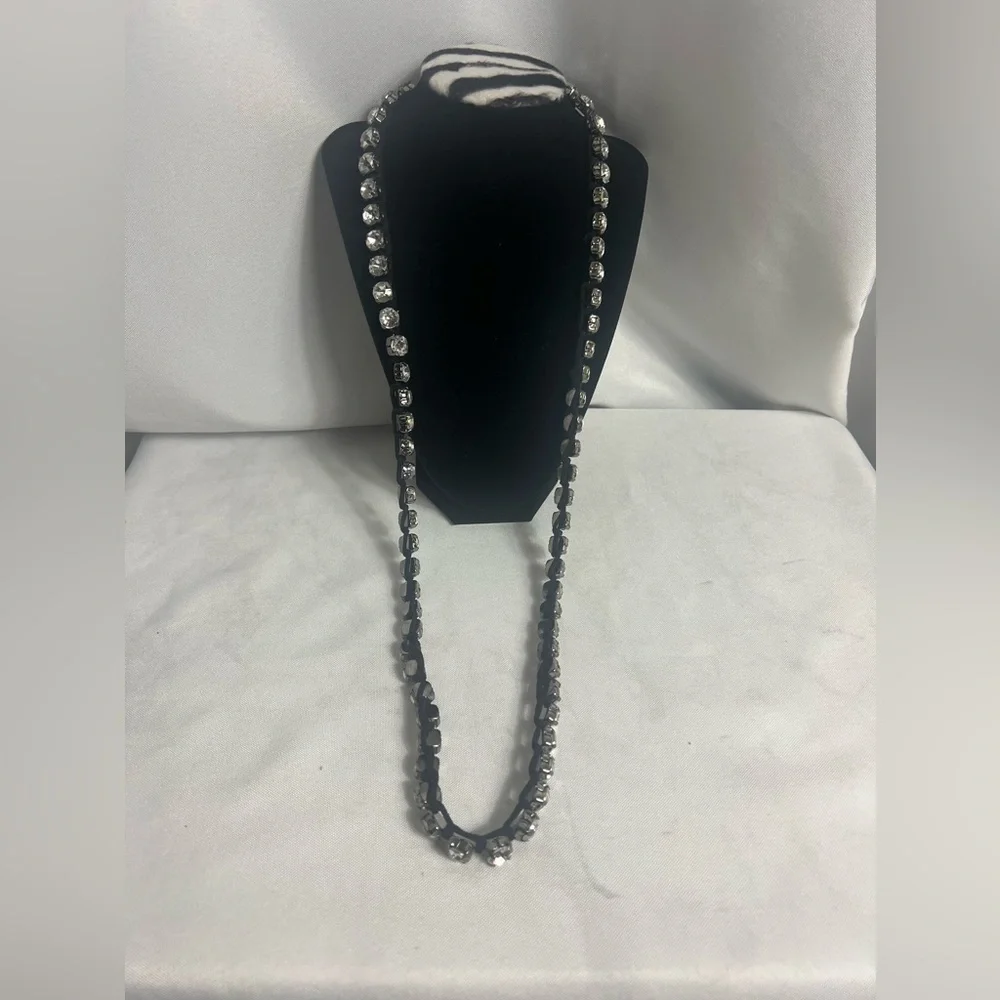Necklace Faux Diamond Silver Long Super Shiny Party Black Corded